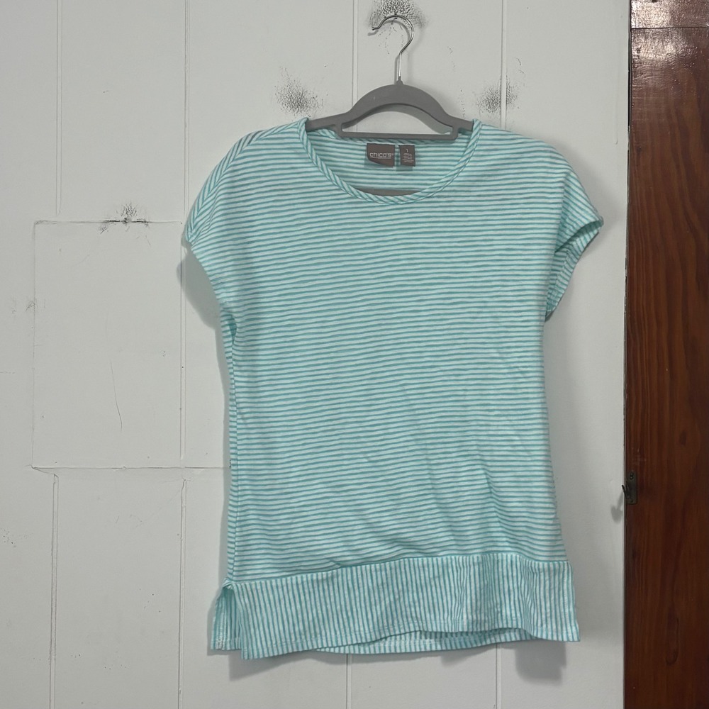 Chicos Aqua White Striped‎ Short Sleeve Knit Top Crew Neck Size 1 S